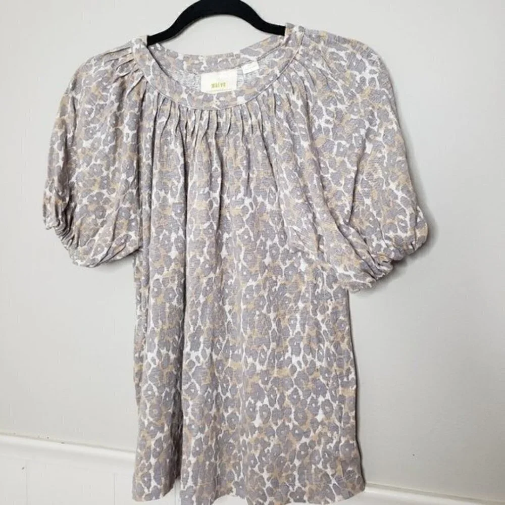 MAEVE Anthro Linen Cheetah Puff Sleeve Top